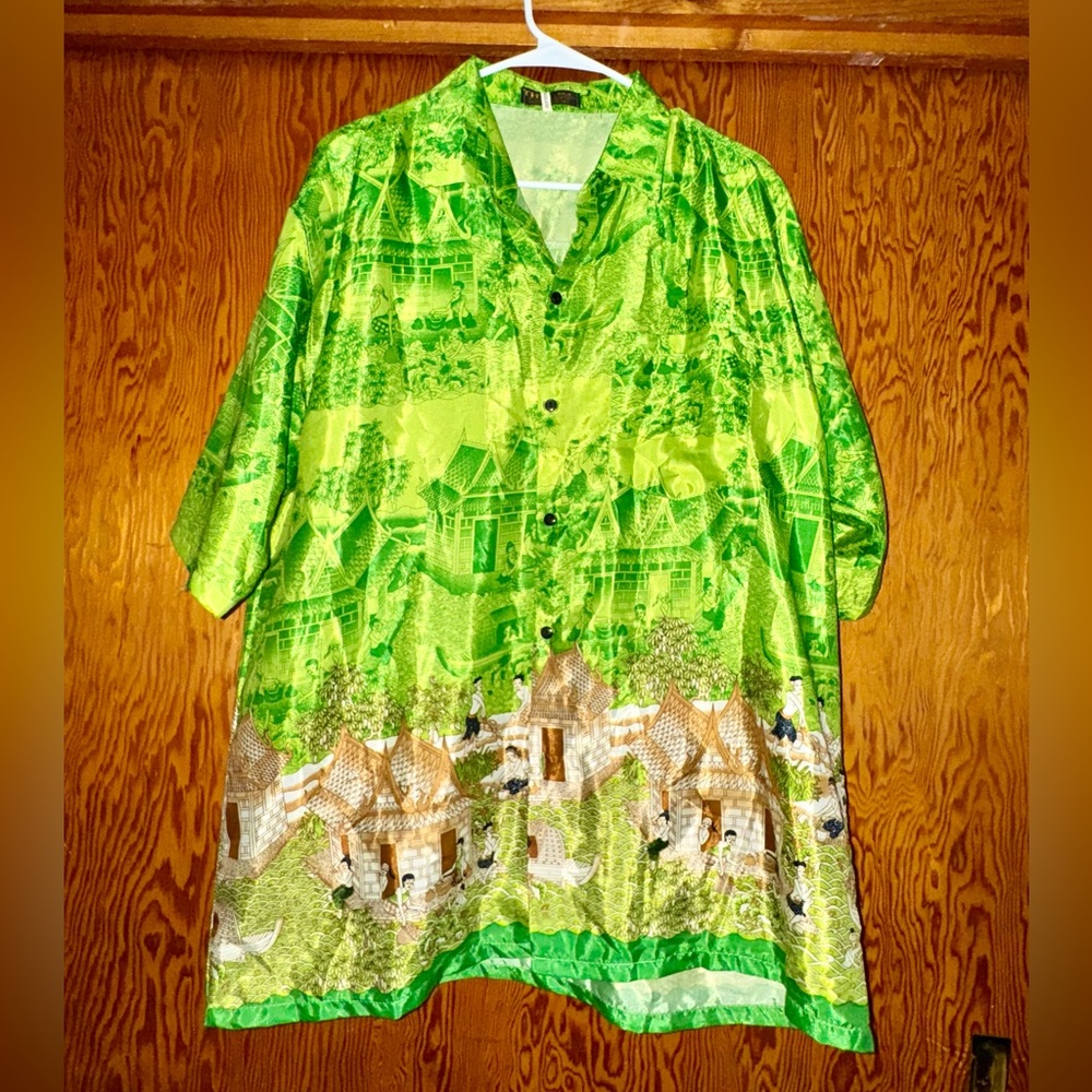 Thai Silk Collection Bright Green Village Print Silk Button-up Shirt